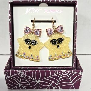Betsey Johnson Acrylic Glitter Ghost w/pink Crystal Bow Lever Back ER NWOT